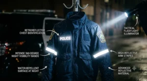 A police duty jacket waterproof shell glowing under night lights, showcasing reflective lettering and high-visibility safety piping.