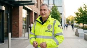 High-visibility yellow safety jacket with reflective strips and custom embroidered security guard lettering.