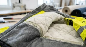 Cross section view highlighting the thick quilted thermal lining inside a heavy duty hi-vis rain jacket.