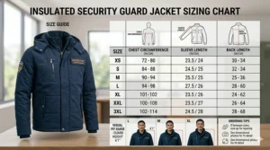 Comprehensive sizing chart graphic for ordering the right fit of an insulated security guard jacket.