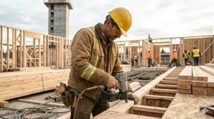 Mid-range shot of a carpenter wearing a rugged, insulated canvas construction work jacket with integrated safety stripes, operating a pneumatic nail gun on residential wood framing.