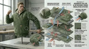 Graphic showing a detachable, fleece-lined hood on a high-visibility insulated work jacket.