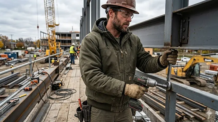 A man wearing a heavy-duty insulated work jacket while working outdoors on a construction site. insulated work jacket men