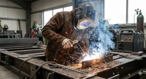 A welder wearing a full leather jacket performs stick welding, surrounded by a heavy shower of sparks and smoke.