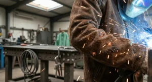 A detailed view of molten sparks and spatter bouncing off the sleeve of a leather welding jacket during heavy-duty welding.