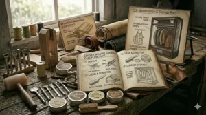 Illustration of common leather welding jacket maintenance mistakes highlighting a crossed-out washing machine and harsh chemical bleach bottles.
