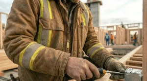 Extreme close-up of a rugged construction jacket's heavy canvas texture, sturdy brass zipper, and worn utility pockets, showing a worker's gloved hand tightening a screw on a metal box.