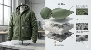 Diagram showing the inner lining and synthetic insulation layers of a men's winter work jacket.