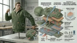 Measurement and fit guide illustration for finding the right size of an insulated work jacket for men.