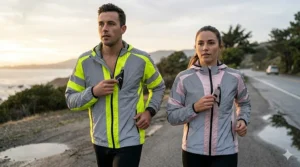 A detailed illustration of a male and female runner jogging together along a coastal road at dawn, showcasing their respective 360-degree reflective jackets.