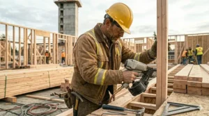 Side-angle shot showing a worker framing a vertical wood stud, wearing a durable, pocket-heavy canvas construction jacket with reflective high-vis striping while gripping a heavy-duty nailer.