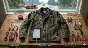 Digital illustration showcasing a modern work jacket with tool pockets carrying a utility knife, phone, and tape measure.