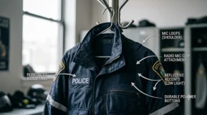 Detailed shot of the durable radio mic loops and badge tabs on the chest of a waterproof tactical poli