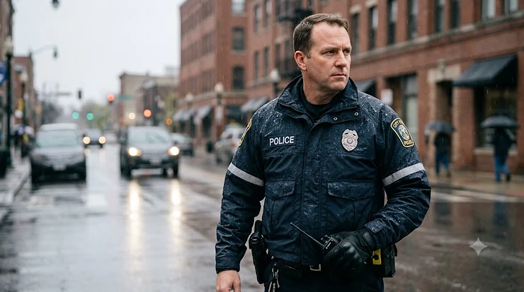A police officer standing on duty in heavy rain wearing a premium waterproof police duty jacket with reflective safety patches.