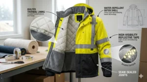 Illustration demonstrating the high visibility reflective tape glowing on an orange insulated rain jacket under low light conditions.