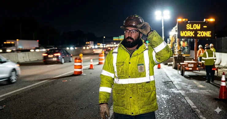 A construction worker wearing a high-visibility reflective safety jacket for night work on a roadside job site.