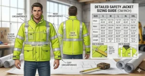 Measurement and sizing chart blueprint to help workers choose a properly fitting reflective safety jacket over heavy winter clothing.