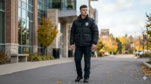A night guard wearing a high-visibility puffer jacket with reflective silver stripes walking through a dimly lit parking lot.