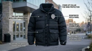 Detailed illustration showing the water-resistant fabric and thick insulation layers of a professional security guard puffer jacket.