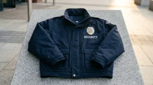 Front view of a black corporate security guard jacket featuring an embroidered badge on the left chest.