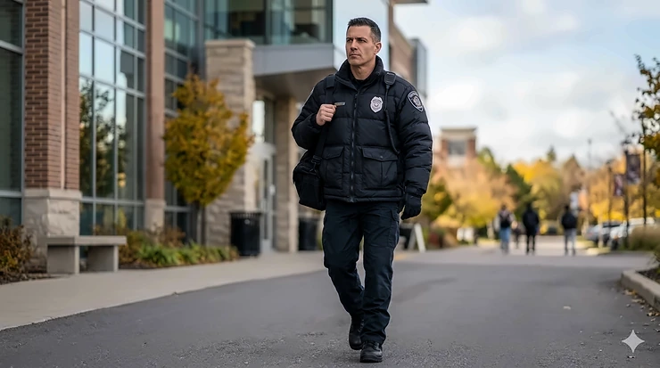 A male security guard wearing a heavy-duty black puffer jacket with a security badge while patrolling an outdoor venue.