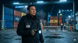 A security officer wearing a warm insulated patrol jacket standing outside under streetlights during a cold night shift.
