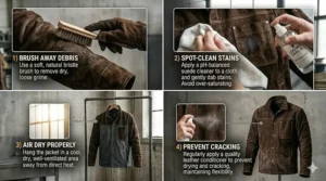 Step-by-step graphic illustrating how to properly clean and maintain a split leather welding jacket for longevity.