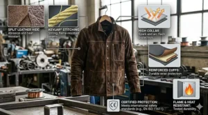 Diagram illustrating the key heat resistance and durability features of a split leather welding jacket.