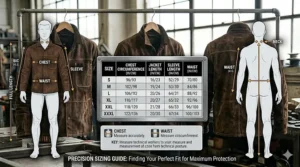 Measurement and sizing guide illustration for choosing the right fit for a split leather welding jacket.