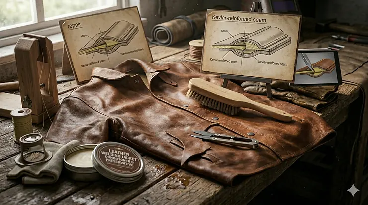 Close-up illustration of spot cleaning a leather welder jacket using a damp microfiber cloth and mild leather soap on a grease stain.
