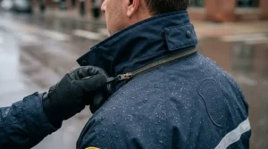 Close-up of a waterproof police duty jacket featuring an adjustable, roll-away hood designed for tactical weather protection.