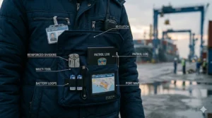 Detailed close-up of a utility pocket on a navy blue insulated security guard jacket, showing integrated dividers holding a multi-tool, a patrol log, spare batteries, and a port map snippet, with a clean infographic overlay.