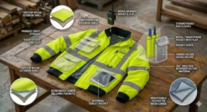 Infographic illustration pointing out ID badges, radio clips, and phone pockets on a reflective work jacket
