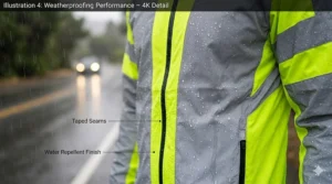 A close-up illustration detailing the weatherproofing performance of the jacket, showcasing water-repellent finish and taped seams in a rainy setting.