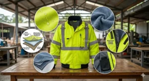 Cross-section drawing showing the breathable waterproof membrane and fleece lining of a construction hi-vis jacket