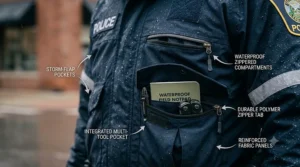 Illustration highlighting the storm-flapped, waterproof zippered pockets on a police duty jacket for secure gear storage.
