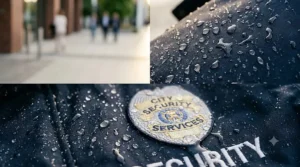 Close-up of a waterproof, windresistant embroidered security guard jacket showing durable fabric details.