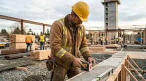 A construction worker in a canvas work jacket with reflective safety detailing, leaning over to precisely align a leveling tool and laser marker on a concrete foundation beam.