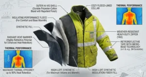 Layered graphic showing the inner fleece lining and outer waterproof shell of an insulated reflective jacket built for nighttime construction.
