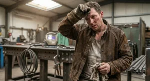 A welder in a full leather jacket wiping sweat from his brow, indicating heat stress during a long shift.