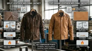Infographic comparing the thickness and spark protection of a split leather welding jacket versus a top grain option.