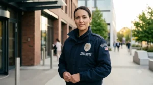 A female officer wearing a tailored, custom embroidered security guard jacket on duty.