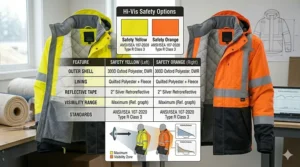 Side by side view comparing the fluorescent yellow and high visibility orange options for the insulated rain jacket.