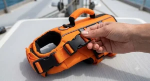 Quick-release buckles and adjustable chest straps on a cat life jacket with handle