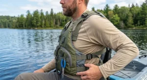 Side view showing adjustable shoulder and torso straps on a low profile kayak fishing PFD.