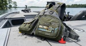 Automatic inflatable bass fishing life vest with manual pull tab and hydrostatic inflator mechanism.