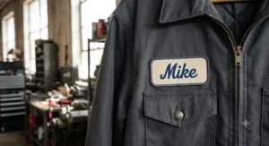 A close up of an automotive shop mechanic jacket displaying a personalized embroidered name patch that reads Mike.