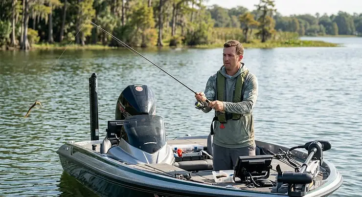 Bass angler on a boat wearing a low-profile inflatable bass fishing life vest while casting.