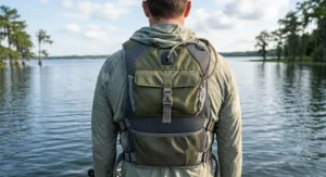 Back view of a bass fishing life vest highlighting a built-in hydration reservoir sleeve and mesh lining.