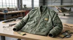 Nylon bomber-style pilot jacket in sage green with a detached epaulette rank slide resting nearby on a workshop bench.